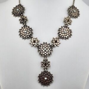 Silver‎ Tone Flower Necklace with Faux Pearl and Brown Stone Accents